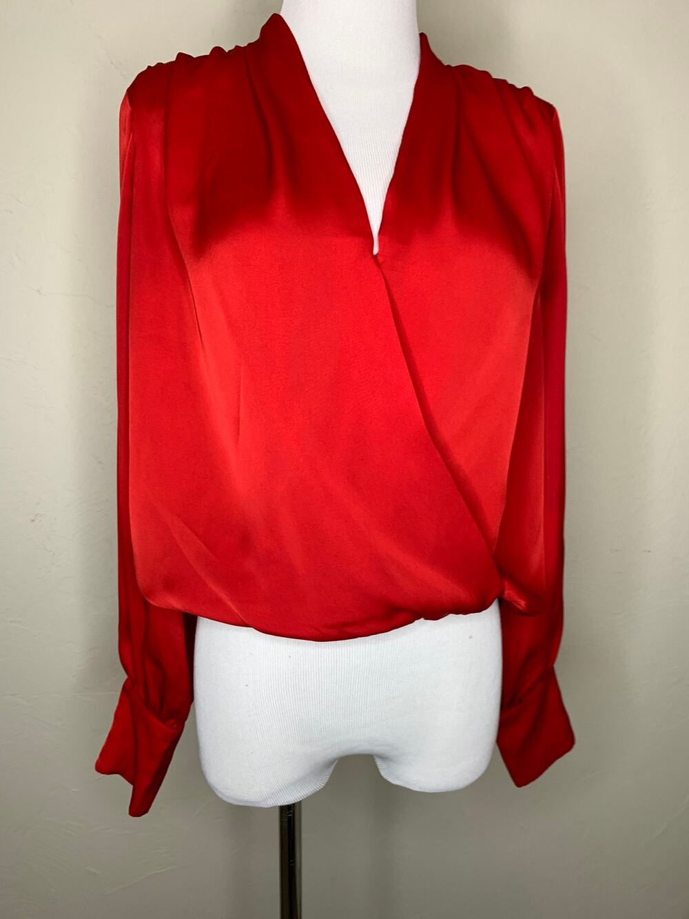 Catherine Malandrino Red Satin Flowy Cropped Blouse Wrap Sz Small